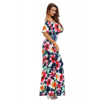 Navy Blue Roses Print Off-the-shoulder Maxi Dress