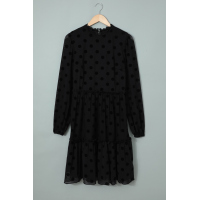 Black Crew Neck Long Sleeve Polka Dot Ruffle Lace Midi Dress