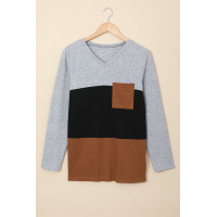 Gray Accent Color Block Knit Long Sleeve Top