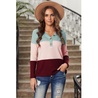 Sky Blue V-neck Color Block Button Waffle Knit Pullover