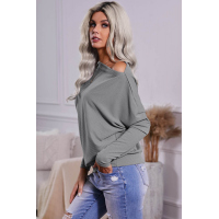 Gray Off Shoulder Ribbed Texture Raglan Long Sleeve Top