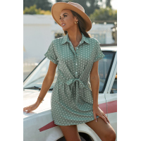 Green Polka Dot Shirt Collar Short Sleeve Mini Dress