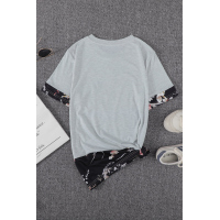 Gray Sequins Accent Floral Splicing Tee