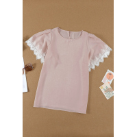 Pink Satin Lace Flutter Sleeve Top