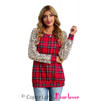 Red O-Neck Leopard Sleeve Plaid Splicing Blouse