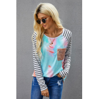 Sequin Pocket Tie-dye Panel Striped Sleeve Top