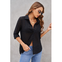 Black Long Sleeve Eyelet Floral Pattern Hollow-out Shirt