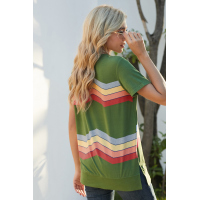 Green Colorful Wavy Stripes Print Short Sleeve Tee