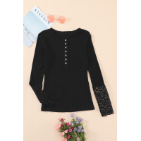 Black Crochet Lace Hem Sleeve Button Top