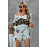 Green Tie Dye Print Leopard Splicing V Neck Long Sleeve Top