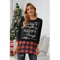 Christmas Letter Print Red Plaid Cuffs and Hem Long Sleeve Top