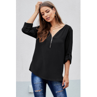 Black Casual V Neck Zip up Half Sleeve Blouse