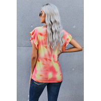 Orange Tie-dye Print Ruffled Sleeves T-shirt