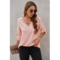 Pink Lace V Neck 3/4 Sleeves Blouse