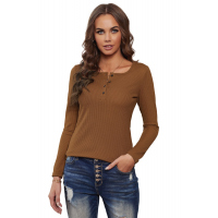 Brown Solid Color Ribbed Texture Slim Top with Button