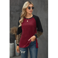 Wine Leopard Splicing High and Low Hem Lantern Sleeve Top with Slits