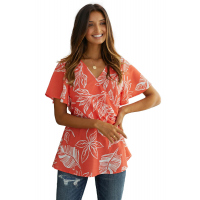 Orange Leaf Vein Floral Printed Twist Blouse