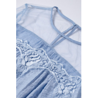 Sky Blue Fashion Lantern-Sleeve Lace Patchwork Top