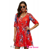 Orange V Neck 3/4 Roll Sleeve Button Floral Dress