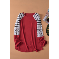 Red Striped Animal Print Colorblock Long Sleeve Top