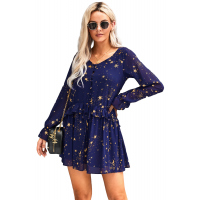 Blue Shimmer Ruffle V Neck Stars Print Long Sleeve Casual Short Dress