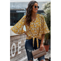 Yellow Floral Print Button Tie Top