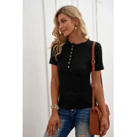 Black Buttoned Ribbed Knit Short Sleeve Top