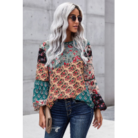 Green Bohemian Floral Print Patchwork Top