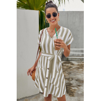 Khaki Fashion Stripe Short Sleeve Casual Dress