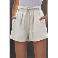 Beige Tie Waist Casual Shorts with Pockets