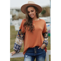 Brown Boho Floral Print Balloon Sleeve Top with Lace Details