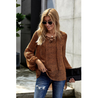 Brown Lantern Sleeve Lace Up Blouse 