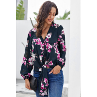 Rose V Neck Long Sleeve Tie Front Blouse