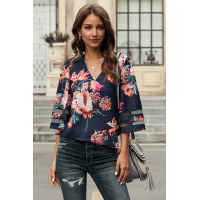 Red 3/4 Flared Sleeve Floral Blouse