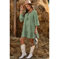 Green Cotton Tiered Babydoll Tunic Dress