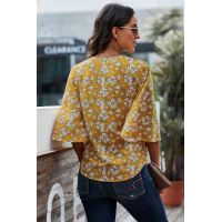 Yellow Floral Print Button Tie Top