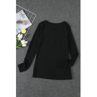 Black Solid Color Ribbed Texture Slim Top with Button