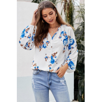 Blue Ballon Sleeve Floral Shirt Top