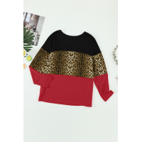 Burgundy Colorblock Leopard Patchwork Long Sleeve Top