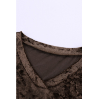 Brown V Neck Roll-tab Sleeve Velvet Top