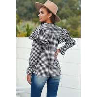 Black Plaid Button Ruffle Shirt