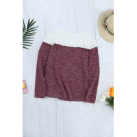 Wine Colorblock Crochet Hollow Out Long Sleeve Top