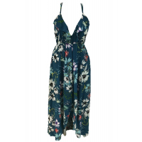 Slate Blue Floral Chiffon Spaghetti Straps Maxi Dress