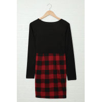 Red Plaid Splicing Ruched Black Long Sleeve Mini Dress