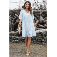 Sky Blue V Neck Tiered Babydoll Lace Dress