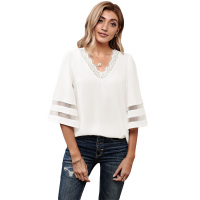 White V Lace Neckline 3/4 Bell Mesh Sleeves Blouse