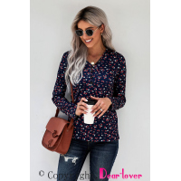 Navy Button V Neck Long Sleeve Floral Top