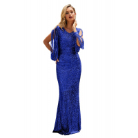 Blue Sequin Fringe Sleeve Prom Maxi Dress