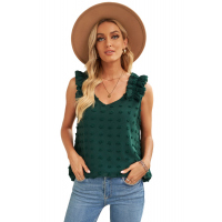 Green Swiss Dot Woven Sleeveless Top With Ruffled Straps