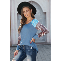 Blue Raglan Sleeve Leopard&Snakeskin Splicing Waffle Top